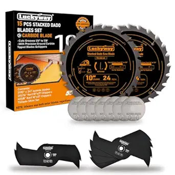 Luckyway Dado Blades for 10 Inch Table Saw, Cutting Width from 1/4" to 7/8" in 1/16",Stacked Dado Blade Set, 10 Inch Dado Blade 24 Carbide Tip Tooth with 5/8 Inch Arbor - 15 Pieces