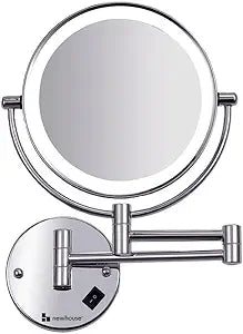 Newhouse Chrome LED Hardwired Magnifying Mirror NHMM-001-H, Lighted Makeup Mirror with Magnification, Round Arm-Mounted Mirror with Halo Light
