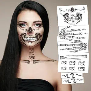 HOWAF 6 PCS Skeleton Face Tattoo, Skeleton Face, Hand, Snake Collarbone, Skull Halloween Temporary Tattoos, Day Of The Dead Face Tattoo for Halloween Costume, Day Of The Dead Costume