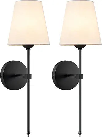 KUAUGST Wall Sconces Sets of 2, Retro Industrial Wall Lamps, Bathroom Vanity Sconces Wall Lighting with White Fabric Shade, Suitable for Bedroom Living Room Corridor Kitchen