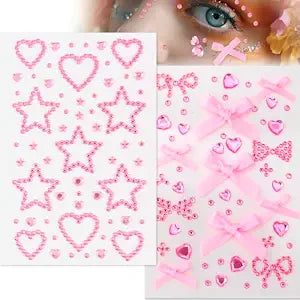 SmallCat 2 Sheets Star Heart Circle Bow Face Gems Stickers, Pink