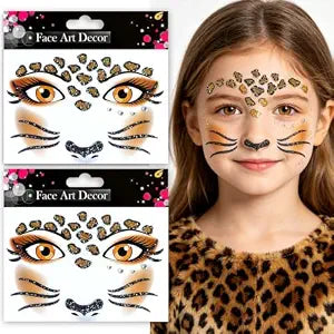 Leopard Print Face Art Decor Stickers Glitter Animal Leopard Face Gem Temporary Tattoos, Self-Adhesive Face Stickers for Carnival Rave Halloween Birthday Cosplay Facial Decorations for Girls & Adults
