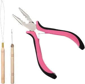 Hair Extension Kit, 3 pcs Hair Extension Pliers Hairs Tinsel Tool Bead Threader Loop Needle Pulling Hook Beads Device Needle Threader Hairs Tensile Kit for Women Feather Extensions Styling