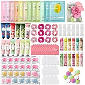120PCS Spa Party Supplies for Girls, Include Facial Masks, Lip Mask, Under Eye Patches, Lip Balm, Foot Bath Bombs, Hand Cream, Compressed Towel, Hair Band, Sleepover Party Supplies for Girls