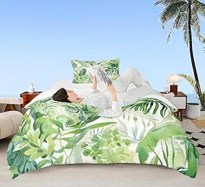 Castle Fairy Tropical Leaves Bedding Comforter Sets Twin,Summer Hawaii Leaves Green Plants Bedding Set for Bedroom Decoration,Jungle Plants Rustic Style with 1 Comforter and 1 Pillow Case