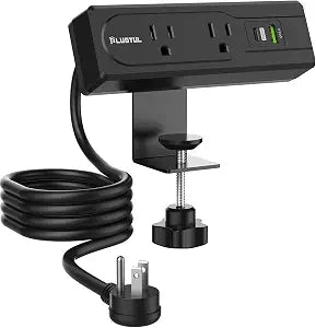 PLUGTUL Desk Clamp Power Strip 6FT, Outlet Station with 2 Outlets, PD 20W Fast Charging, Flat Plug, 16 Gauge, Black with USB C, Fits 1.72" Tabletop Edge