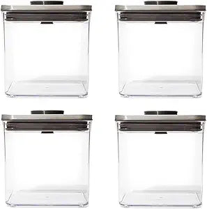 OXO Steel POP Container Big Short Sqaure - 2.8 Qt (Pack of 4) Airtight Food Storage Containers for Cereal, Grains & More, Grey