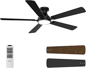 OPONL 52 Inch Black Ceiling Fan with Light, Remote Control, Low Profile, Noiseless, Reversible, Dimmable, Timeable, Metal Housing, Flush Mount Ceiling Fans with Lights for Bedroom, Indoor/Outdoor Use