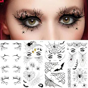 Halloween Eye Shadow Stickers Eyeliner Decals Spider Bat Spider Web Skull Bat Temporary Tattoo Stickers Face Eye Makeup Tattoos Stickers for Women Girls Halloween Masquerade Party