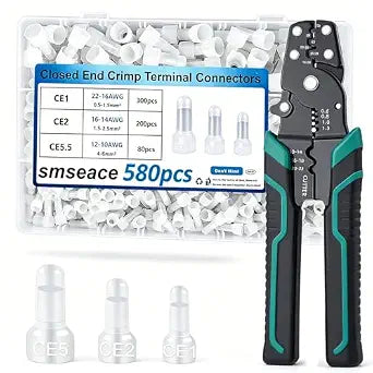 smseace 580 Pcs Closed End Crimp Connector with Crimping Tool - Closed End Crimp Caps Terminal for 22-16 AWG, 16-14 AWG, 12-10 AWG - Ideal for Automotive, Audio, and Electrical Applications