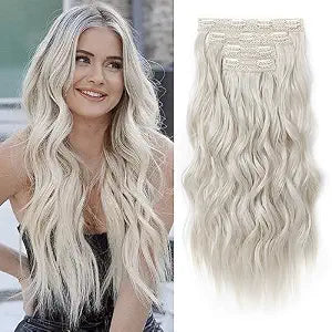 REECHO Clip in Hair Extensions, 4PCS Blonde Hair Extensions 24" Thick Long Beach Waves, Platinum Blonde