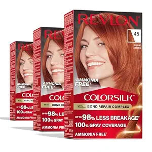 Revlon ColorSilk with Bond Repair Hair Color, 45 Bright Auburn, 3pk