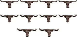 Midwest Craft House Cast Iron Rustic Longhorn Bull Steer Cow Drawer Pulls Handle Cabinet Hardware Western - 10 Pack - 4 1/2" by 2 1/4" - Mounting Bolts Included
