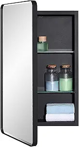 IDYLLOR Black Bathroom Mirror Medicine Cabinet with Round Corner Framed Door and Beveled Edge Mirror 15 x 25 inch, Recessed or Surface Mount, with Adjustable Glass Shelves