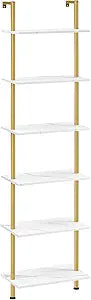 HOOBRO DIY Ladder Shelf, 6-Tier Wooden Wall Mounted Bookshelf, Narrow Gold Bookcase, Display Shelf, Storage Rack, Plant Stand, for Living Room, Bedroom, Study, Balcony, Marble and Gold DM651CJ01