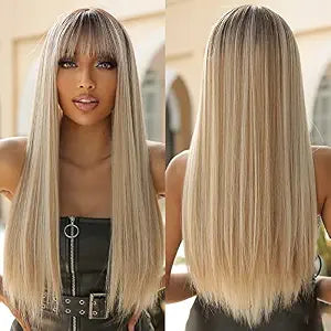 Allbell Long Straight Blonde Wigs with Bangs Ombre Hair Syntehtic Wigs for Women Heat Resistant Fiber