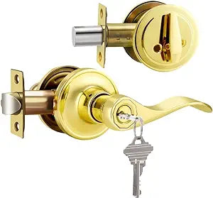 Keyed Entry Door Lock Set with Single Cylinder Deadbolt, Polished Brass Keyed Alike Door Handle with Lock, Wave Style Reversible Leverset, 1 Pack