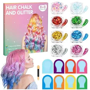 16 Pcs Hair Chalk and Glitter Set, 8 Color Hair Dye + 8 Color Hair Glitter, Temporary Hair Face Body Decor for Girls Women, Washable Halloween Christmas Cosplay Makeup Gift