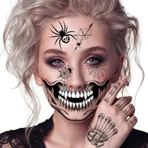 20 Sheets Skeleton Face Tattoo,Halloween Scary Mouth Tattoo for Adults