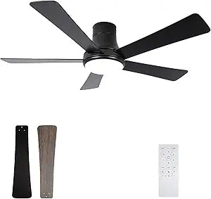 52 Inch Ceiling Fans with Lights and Remote, Flush Mount Black Ceiling Fan, 5 Blades, Dimmable, Reversible Motor, 3-Color Temperatures, 6 Speeds for Bedroom, Living Room, Patio