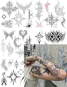 Impressed Unisex Cybersigilism Neotribal Edgy Y2K Temporary Tattoos for Men & Women - 5 Sheets Grungy Gothic Y2K Style Fake Tats for Adults & Teens - Semi Temporary Tattoo for Legs, Arm, Face & Chest