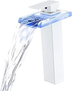 LED Bathroom Faucet White, Waterfall Faucet1 Hole with Glass Spout Tall Bathroom Sink Faucets Vessel Sinks Contemporary