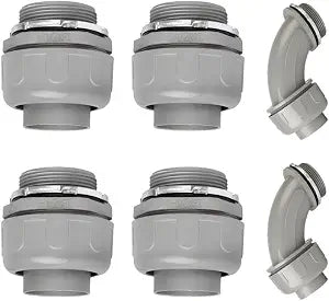 Conduit Connectors, 1-1/2 Inch Liquid Tight Connector NPT Non-Metallic for PVC Electrical Flexible Conduit Fittings, 4 Straight and 2 Angle 90 Degree, UL Listed, Grey (6-Pack)