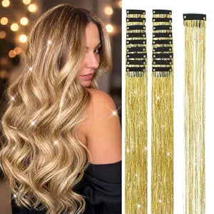 Hair Tinsel Clip in 18Pcs 24Inch Glitter Hair Extensions Clip in Tinsel Kit Heat Resistant，Sparkly Fairy Accessories for Women Girls Kids (Gold)