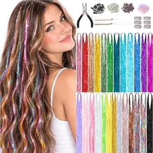 Hair Tinsel Kit, 20 Colors Fairy Hair Tinsel 48 Inch 8000 Strands Heat Resistant Glitter Hair Extensions with Tools for Girls Women.