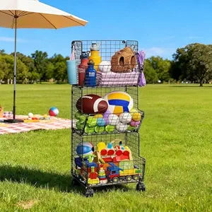 Outdoor Toy Storage Basket, Play Kitchen Organizer with 5 S-Hooks,3 Tier Rolling Storage Cart Garage, Pantry Floor Snack Cart with Wheels,Toy Shelf Dog Storage Organizer Kids Bookshelf