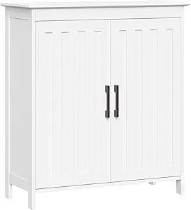 RiverRidge Monroe Two-Door Floor Storage Cabinet - Bathroom Storage Cabinet with Adjustable Shelves - Soft-Close Doors White Finish with Matte Black Handles
