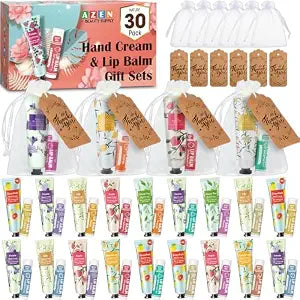 AZEN 30 Sets Bulk Gifts, Hand Cream and Lip Balm Bulk Set with Organza Bag Thank You Card, Baby Shower Wedding Gifts for Guests, Bridal Wedding Favors