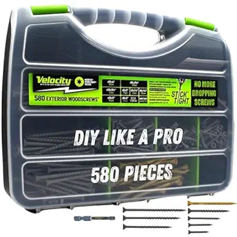 Velocity Exterior Wood Screws Site Case - Wood Screws Assortment Kit in 7 Sizes, Stick Tight Technology, Includes 4 Hexstix Drive Bits and Storage Organizer (580 Pieces)