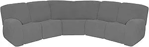 7-Piece Jacquard Stretch Reclining Couch Covers 5 Seats Corner Sofa Cover L Shape Sectional Recliner Sofa Covers for Sofa Anti Slip Furniture Protector Thick Soft Washable (Gray)