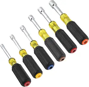 Klein Tools 65456MAG Heavy-Duty Hollow-Shaft Nut Driver Set, Magnetic, Color-Coded Hex Sizes 1/4 to 9/16-Inch, Cushion-Grip Handles, 6-Piece