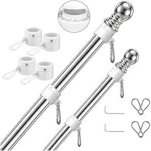 Silver Flag Pole for Outside House, (2 Packs) 6 FT Stainless Steel No Tangle Spinning Wall-Mounted Residential Flagpoles for 3x5 USA Outdoor Flags, Adjustable Metal Pole for Truck(No Bracket)