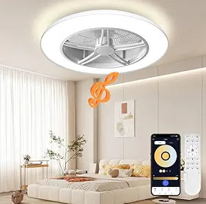 BAYSQUIRREL Low Profile Ceiling Fan with Light and Remote/APP Control,Bluetooth Bladeless Ceiling Fan with Speaker,6 Speeds Reversible 3 Color LED Dimmable Flush Mount Ceiling Fans for Bedroom