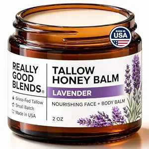 Really Good Blends - Tallow Honey Balm, Organic Body Butter, Grass-Fed Beef Tallow for Skin, Soothing All-Natural Moisturizer for Body and Face | Made in USA - 2 oz (Lavender)