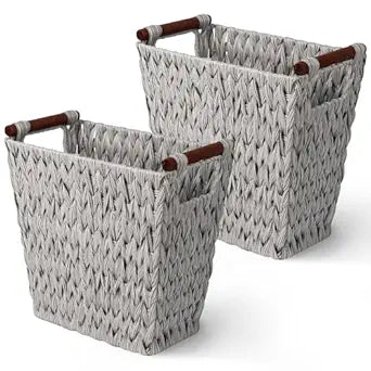 GRANNY SAYS Woven Waste Basket, Gray Wicker Basket with Wood Handles, Wicker Waste Basket for Bathroom Living Room, 2-Pack, 13" x 7 " x 12 "
