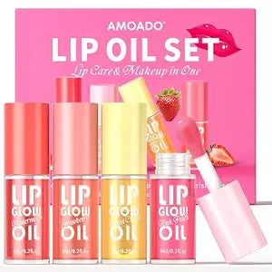 AMOADO Lip Oil, Tinted Lip Glow Oil ï¿½ï¿½ï¿½ï¿½ï¿½ï¿½ï¿½ï¿½ï¿½ Hydrating & Nourishing, Lip Oils Gift Set, Fruity Lip Oils Gloss Non-Sticky & Glossy Finish, 4 Colors Lip Gloss for Girls