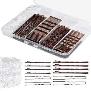 300 Pcs Bobby Pins Hair Pins Kit with Storage Box, 100 Brown Non - Slip Bobby Pins, 100 Invisible Hair Pins for Women and 100 Clear Hair Elastics, Lock in the Style for All Hair Types & Ages