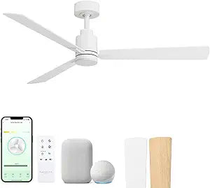 Slim 52in 3-Blade Smart Ceiling Fan 2700K-6000K CCT Tunable Range LED Light Kit with Remote Control and White Hardware with Reversible White or Natural Wood Blades Works With iOS or Android App