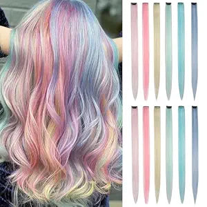12pcs Multicolor Clip in Hair Extensions Mix tinsels,22 Inch Colored Hair Accessories,2 in 1 with Silver Tinsels, Colorful Hairpieces,Holiday Party Highlights for Women（6 colors）