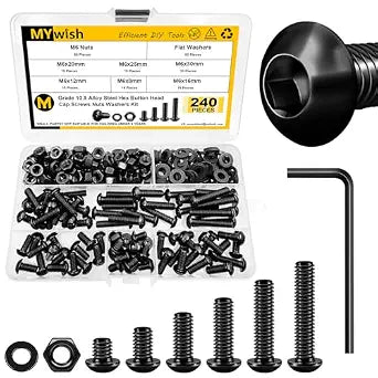 Mywish 240 Pieces M6 Screw Nuts and Bolts Assortment Kit, 10.9 Grade Alloy Steel, Nuts and Bolts Button Head Socket Cap, Flat Washers Hex Wrenches M6*8/12/16/20/25/30mm Black, Fully Threaded