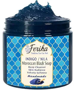 FERIHA Traditional Moroccan Black Soap with Moroccan Indigo (Nila) ��� Olive-Based Authentic Beldi Hammam Soap for Deep Cleansing & Exfoliation ��� Crafted in Morocco ��� 7 oz