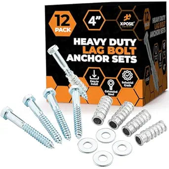 xpose safety Concrete Anchors Set with 4"" Lag Bolt, Lag Shield and Washer - 12 Sets per Pack - 1/2"" Bolt Lag Screws 4-Inch for Speed Bumps for Asphalt - Galvanized Steel Lag Bolts