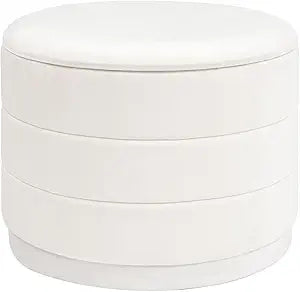 23" Upholstered Round Velvet Ottoman with Storage | Foldable Foot Rest Ottoman with Wooden Tabletop, Decorative Home Furniture for Living Room & Bedroom-White