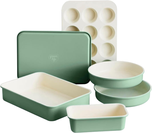 GreenLife 6 Piece Nonstick Bakeware Set, Non-Toxic PFAS-Free Ceramic Oven Pans, Dishwasher & Oven Safe to 450Â°F, Easy Release Baking Sheet, Loaf Pan, Rectangle & Round Cake, Muffin Pan, Sage
