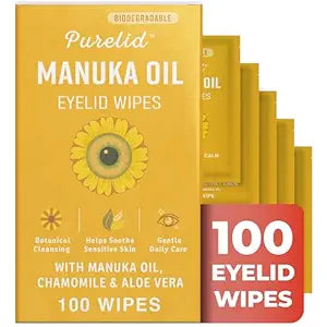 100 Pcs Manuka Oil Eyelid Wipes for Sensitive Lid Care & Eye Hygiene, Gentle Daily Eyelid Cleansing Wipes with Chamomile & Aloe Vera, Biodegradable, Free From Parabens & Sulfates
