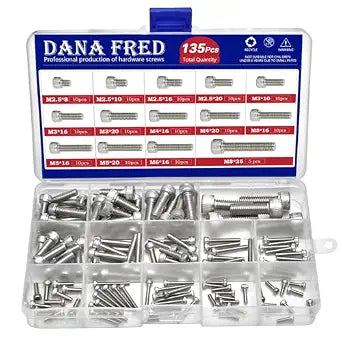 M2.5-M8 Hex Socket Head Cap Screw Metric Thread Hexagon Allen Machine Bolt 135Pcs M2.5 M3 M4 M5 M6 M8 304 Stainless Steel Metal Standard Fastener Hardware Assortment Set for Home Furniture Fastener